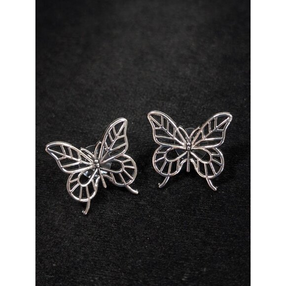 Silver Tone Open metal Work Butterfly Pierced Earrings Boho Western Retro - Picture 8 of 9